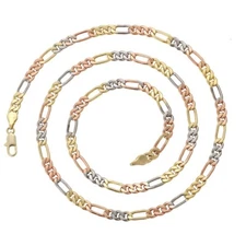Tri Color Gold Plated Chain Necklace - Figaro Style - 24in Long - 4mm