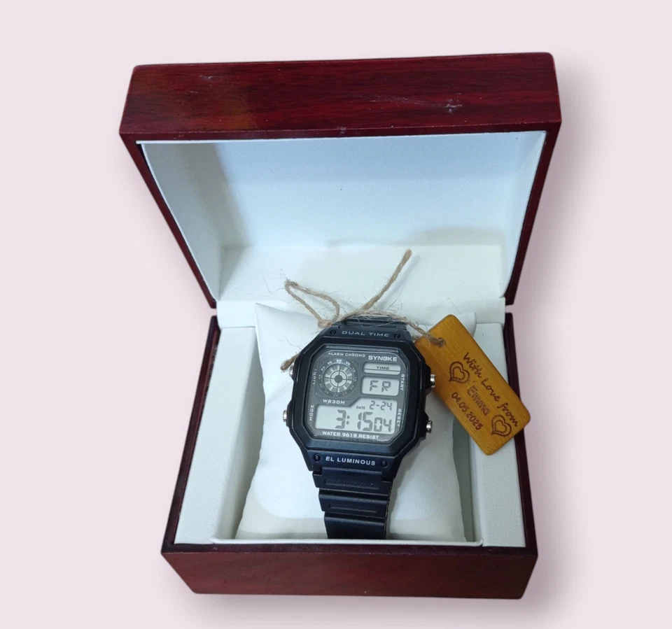 Relógio de pulso masculino digital personalizado conjunto de presente caixa de madeira etiqueta gravada personalizada - Imagem 3 de 4