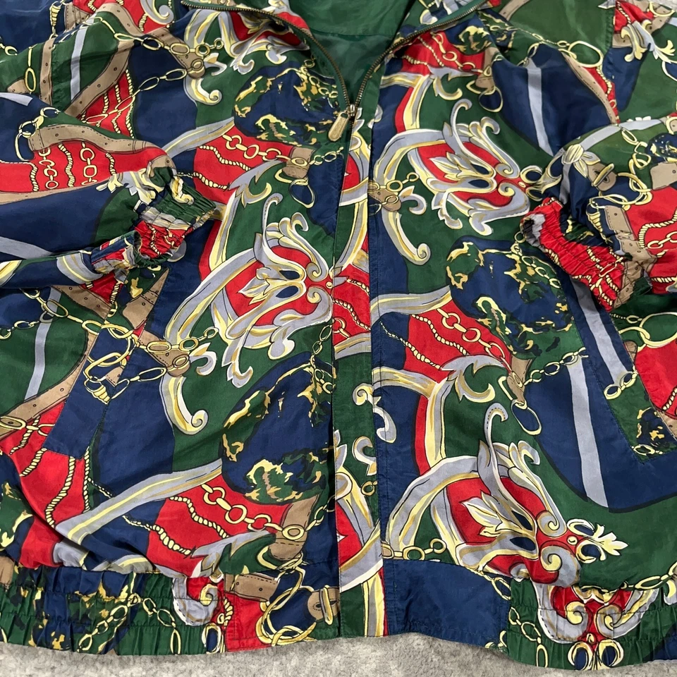 Винтажный FUDA шелковая куртка женщин большой L зеленый синий шелк барокко печать наплечные подушечки - Изображение 3 из 4