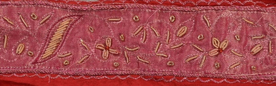 Sanskriti Vintage Sari Border Hand Embroidered Craft Trim Lace 1Yd Pure Silk Red - Image 2 of 4