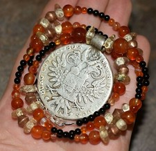 Antique Maria Theresa Thaler Silver Coin Ethiopian Amulet Necklace Stone Beads