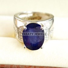 Blue Sapphire Oval Cut Gemstone With 14K Solid White Gold Ring For Men's B597