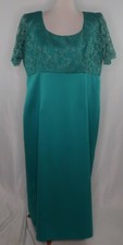 VTG Green Satin Drop Waist Lace trim Puffy Sleeve Prom Party Dress Sz XL