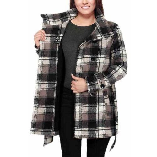 Ike Behar женщин двубортный флис подпоясанный куртка, серо-коричневый клетку, S - Изображение 2 из 4