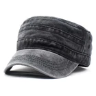 Black Washed Vintage Flat Top Cap, Cotton Military Cadet Army Caps Unique Design