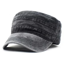 Black Washed Vintage Flat Top Cap, Cotton Military Cadet Army Caps Unique Design