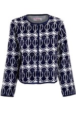 Ladies Navy White Long Sleeve Oval Printed Women's Lined Textured Jacket