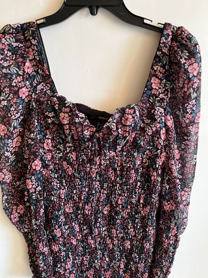 Forever 21 Womens Small Black Pink Ruched Babydoll Lined  Dress Y2K Tropical - Image 2 of 4