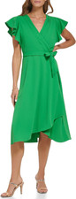 Women'S Flutter Sleeve Tie Fit and Flare Midi Dress