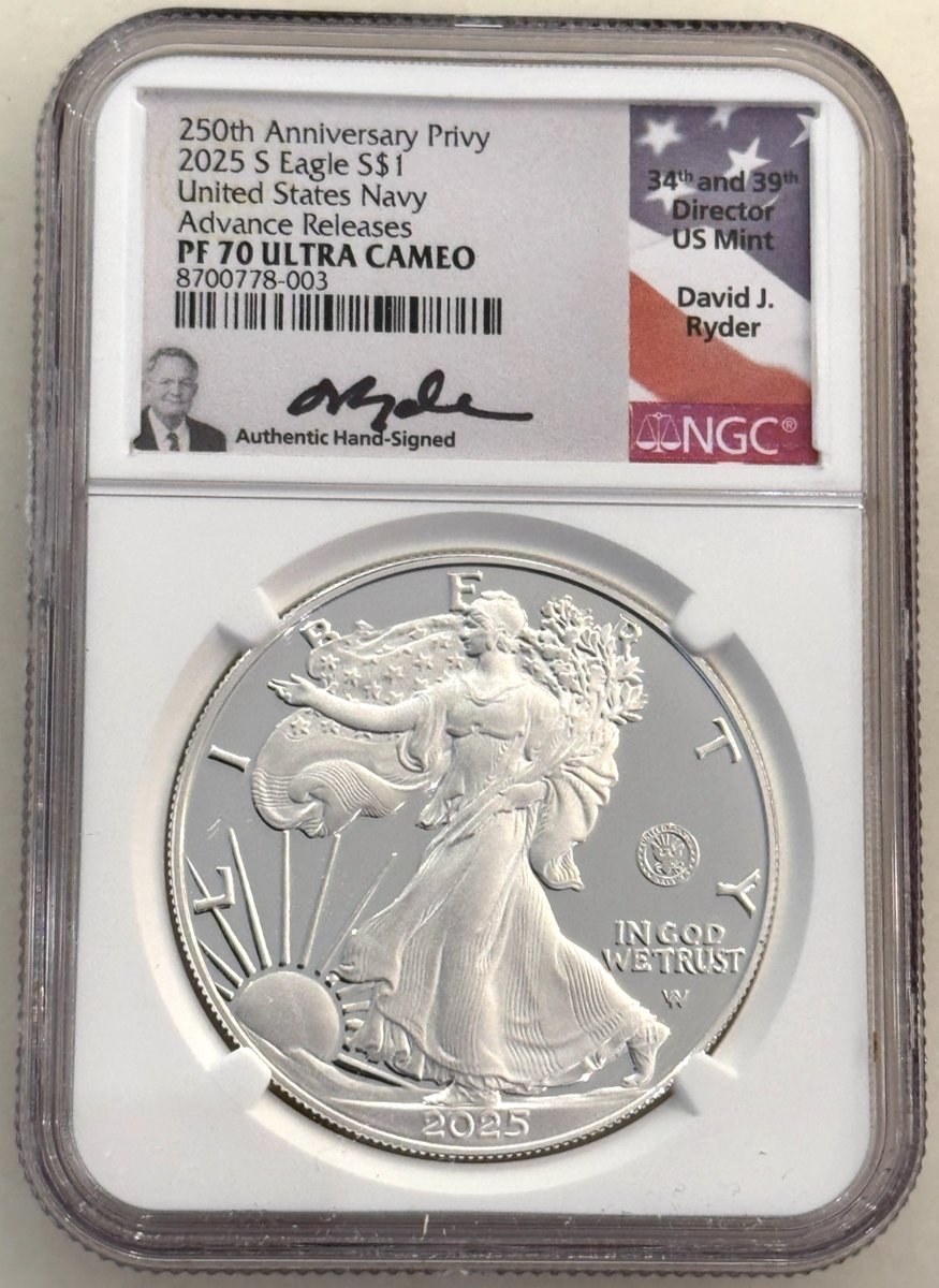 2025 S $1 Silver Eagle Navy Privy 250th Ann NGC PF70 Advance