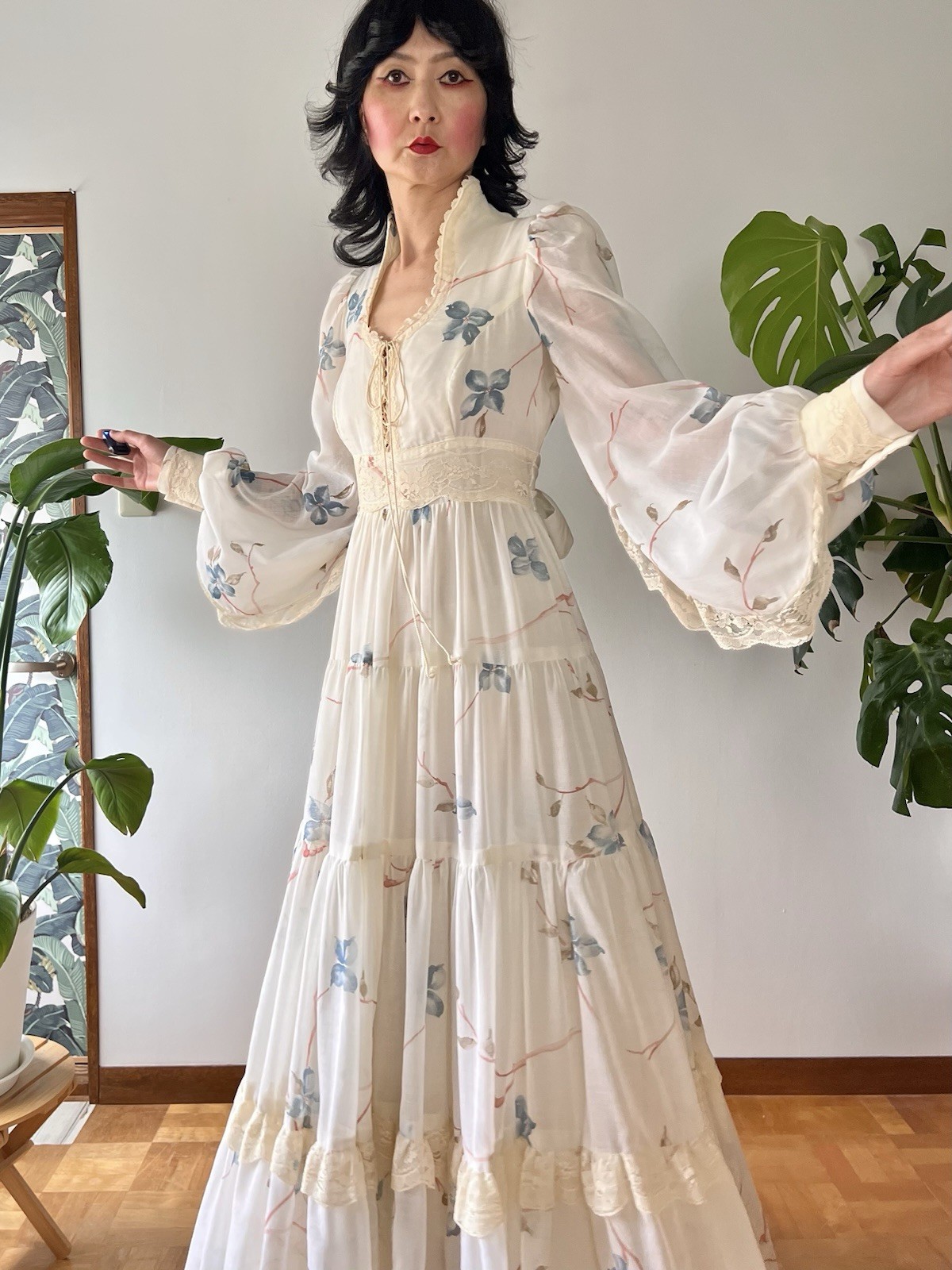 RARE VTG 70s Gunne Sax Dogwood Lace Up Corset Balloon Sleeve Prairie Maxi Dress image 8