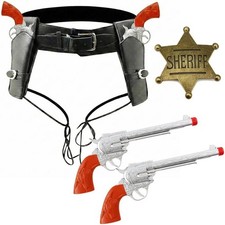 Wild West Cowboy Costume Set with Gun Holsters Toy Pistols & Gold Sheriff Badge