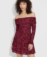 Wild Fable Dress Women's L Red Mini Fit Flare Long Sleeve Flocked Floral New