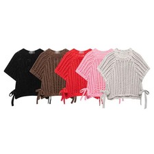 Women Loose Fit Irregular Hem Sweater Solid Color Short Sleeve Round
