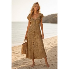 Anthropologie Yellow Brown Leopard Print Midi Sun Dress Womens 2P Ruffled Button