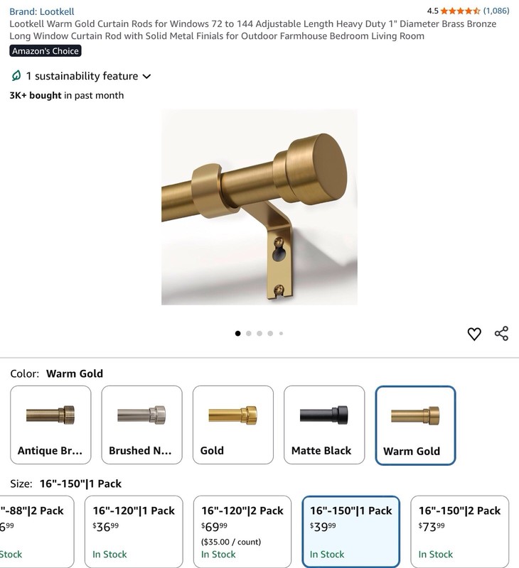 YuMierle Warm Gold Iron Wall Mount Curtain Rod 150 in, 1 in w/Brackets