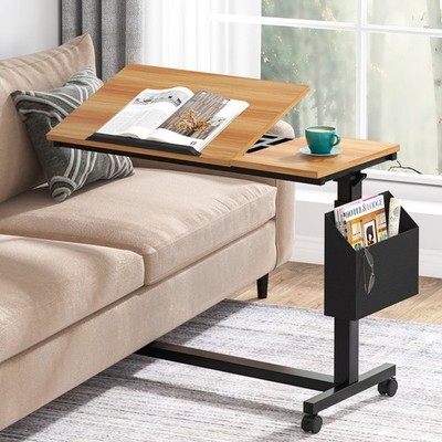 Height Adjustable Mobile C Table Walnut Brown Snack Table 31.5''
