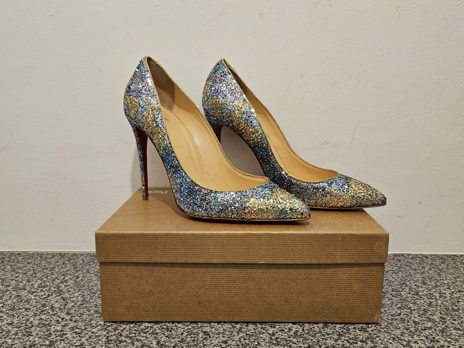 Christian Louboutin Pigalle Follies 100 High Heels Aqua Glitter EU 40.5 UK 7.5