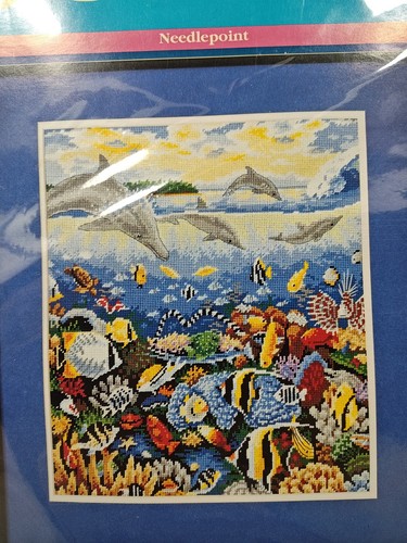 1993 Sunset Needlepoint Kit Dolphins At Play 12090 12"X14" New Sealed Vintage - Picture 2 of 7