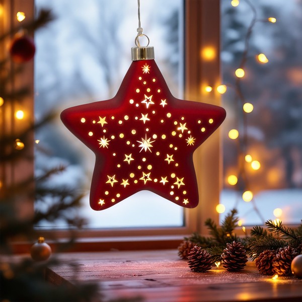 Led Glas Stern Rot Zum HäNgen - 15 Cm - Weihnachten Deko Warm Weiß Batterie-image