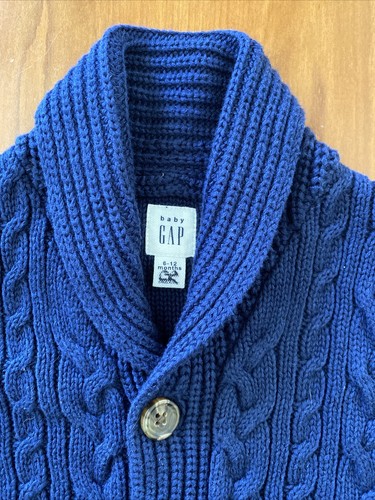 Cárdigan Baby Gap azul marino 100 % algodón tejido cuello chal -6-12 meses - Imagen 2 de 8