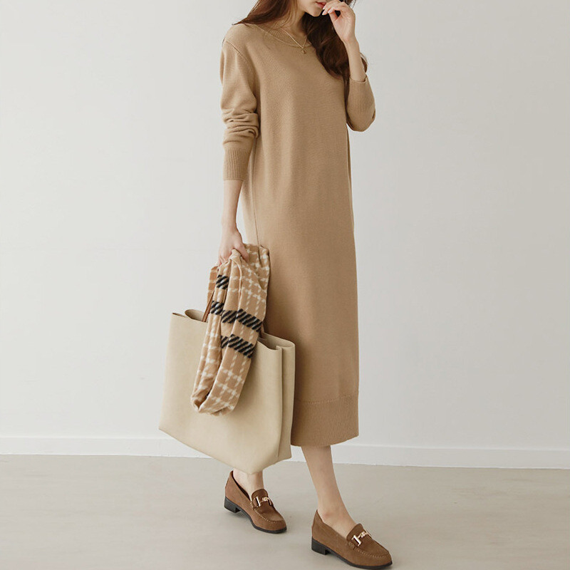 Sweater Dresses for Women One Size 8-14 Midi Cotton Blend Knit Black Khaki Brown-image