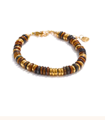 Natural Stone Blue Gold Plated Beaded Waterproof Bracelet Bangle-Stainless Steel - Picture 7 of 19