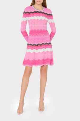 $450 MILLY Zig Zag Long Sleeve Flare Dress P XS Pink Multi Knit Chevron  Metallic | eBay