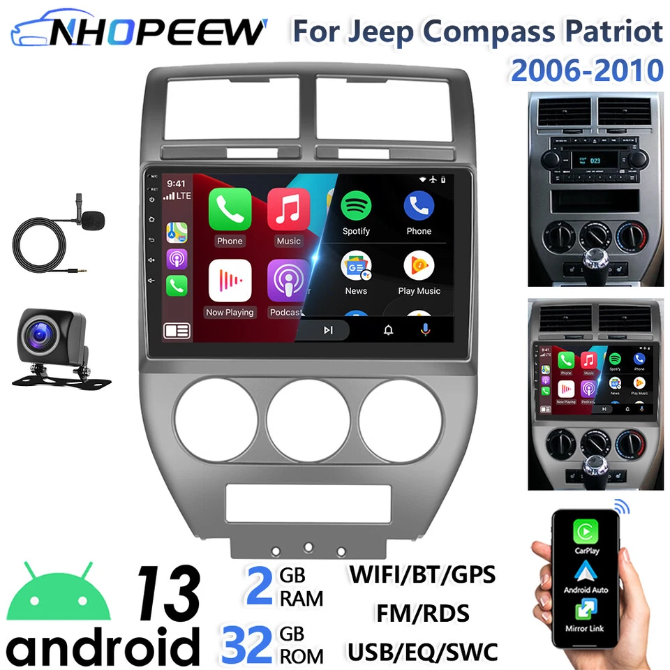 NHOPEEW Android Autoradio Für Jeep Compass Patriot 06-10 mit CarPlay GPS Navi RDS Kamera