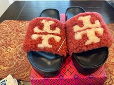TORY BURCH DOUBLE  T  SHEARLING FLATFORM SLIDE SANDAL Size 5, BNIB, MSRP 298