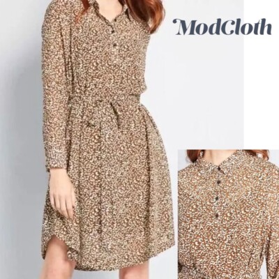 NWT ModCloth Belted L/S Shirt Dress Small Neutral Mod Cheetah $99 Office Travel