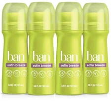 Ban Satin Breeze 24-hour Invisible Antiperspirant, 3.5oz Roll-on Deodorant 4-pk