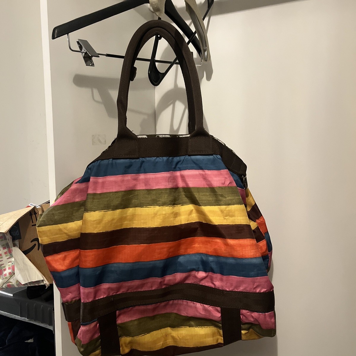 Le Sportsac Large Multi-Colored Striped Tote Bag Travel Weekender 