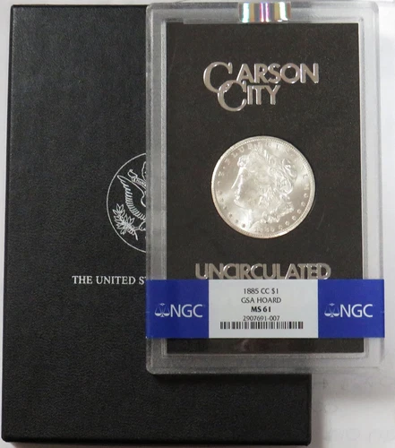 1885 CC CARSON CITY MORGAN SILVER DOLLAR GSA HOARD $1 NGC MS 61 BOX
