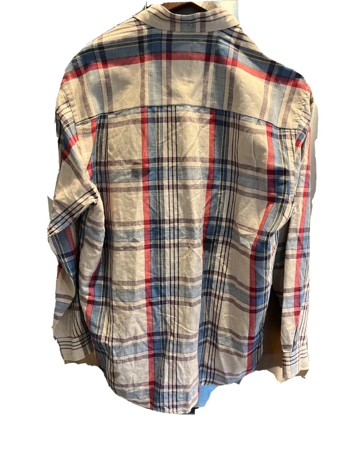 LINEN cotton PLAID SHIRT  blue red beige Button long sleeve USA BEACH TRAVEL LRG - Image 2 of 4