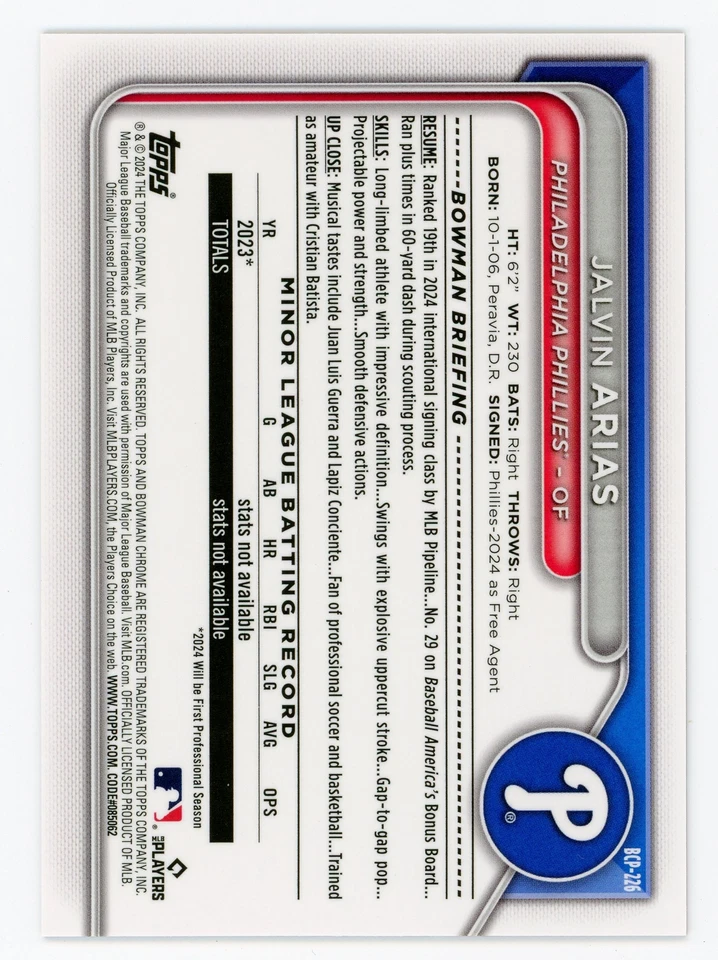 2024 Bowman Chrome Jalvin Arias Red Shimmer /10 RC #BCP-226 SSP Prospect - Image 2 of 2