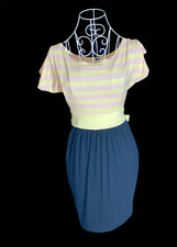 Dress Tulip Pegged Short Drop Shoulder Sleeve Belt Bow Stripe Size S/M