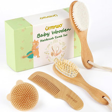 Baby Brush and Comb Set - 4 Piece Wooden Soft Bristle Hairbrush for Newborns,...