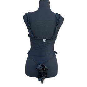 Vtg 80s Fredericks Black Velvet Bows Babydoll High Cut Lingerie Bodysuit LARGE