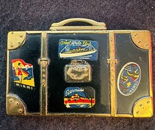 Vtg Mini Suitcase Compact 1939 Powder, Makeup Mirror w/ Travel Stickers Rare!!