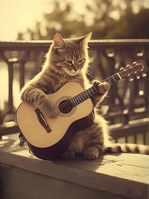 Cat with guitar on balcony   adorable musical kitten retro style photo poster A1