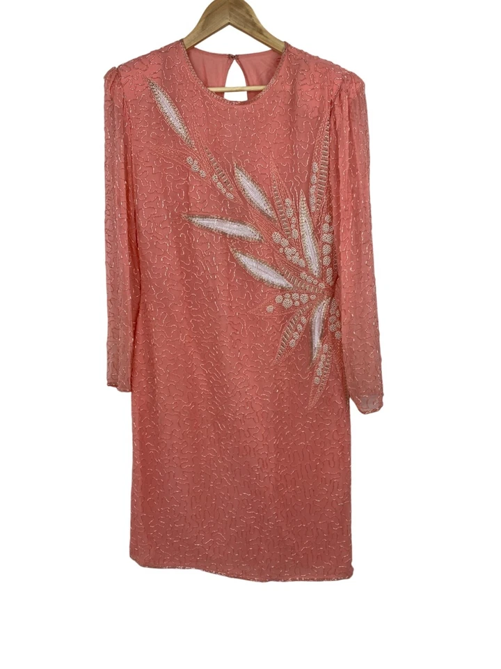 VTG Scala Beaded Dress Pink & White Size L Sheath Style RX10448 Mother of Bride - Image 2 of 4