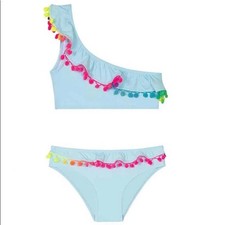NWT Pilyq 12 Girls Swim Cabana Blue One Shoulder Pom Pom Bikini 112848