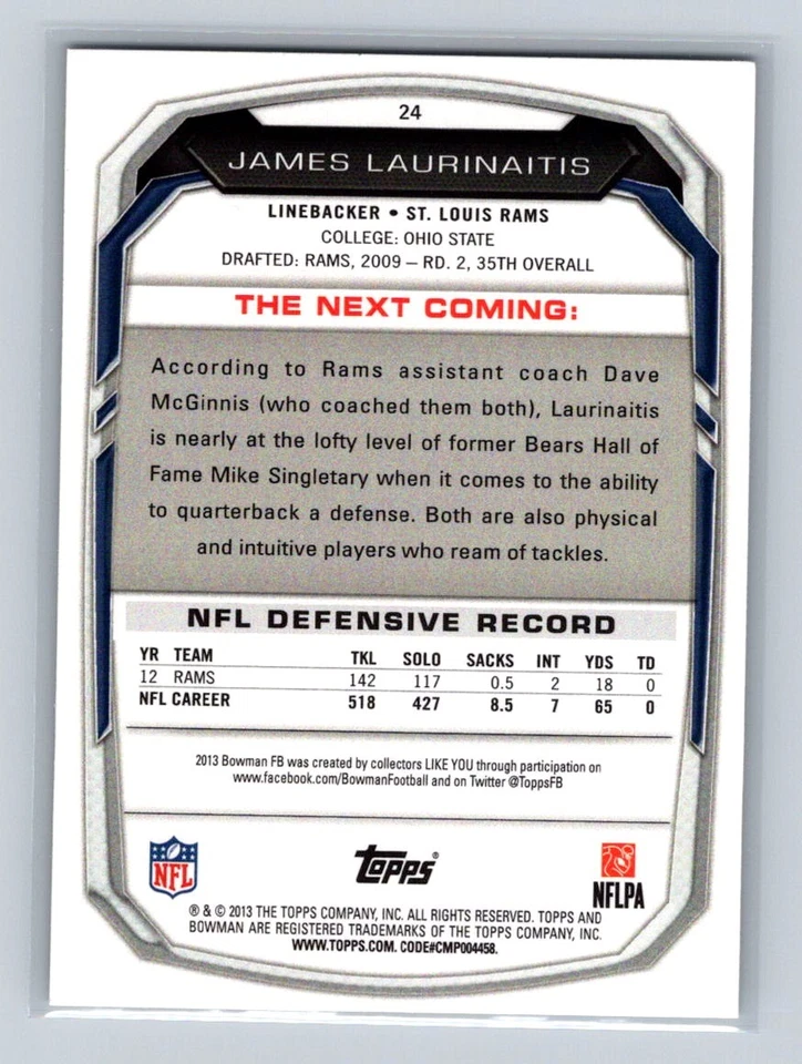2013 Bowman #24 James Laurinaitis St. Louis Rams - Image 2 of 2