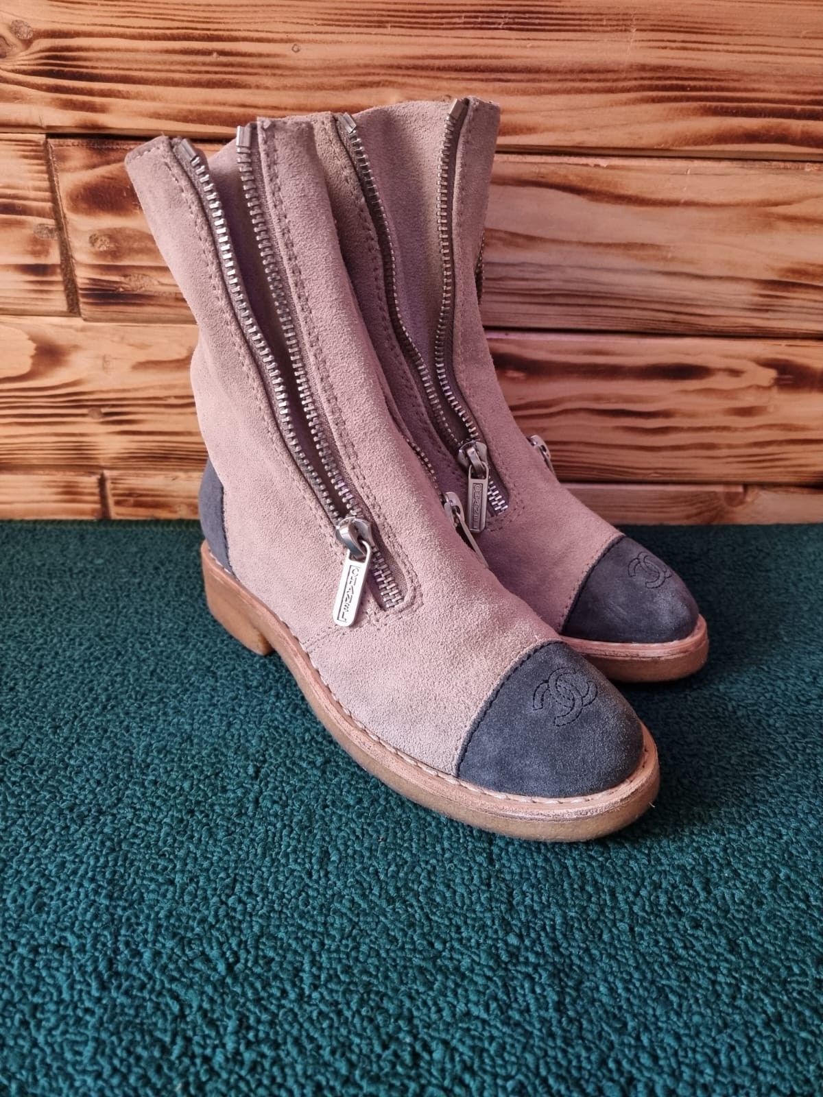 Chanel Double Zip Up Beige Suede Boots CC Logo on Toes Size 38