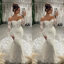 Long Sleeves Wedding Dresses Mermaid Off Shoulder Beach Lace Boho Bridal Gowns