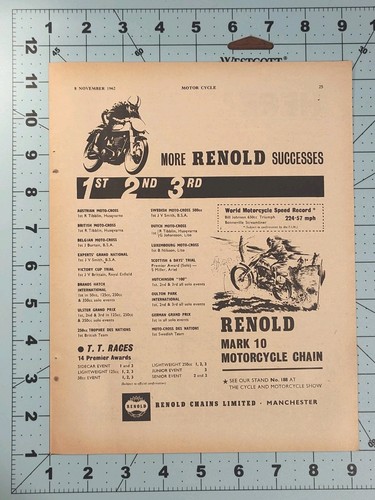 1962 Renold Chain Ad Bill Johnson Triumph Bonneville Land Speed Record Victory