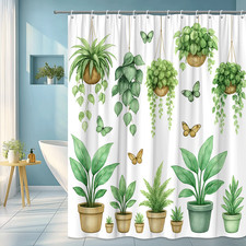 Green Tropical Plants Shower Curtain with Butterflies - Nature Decor