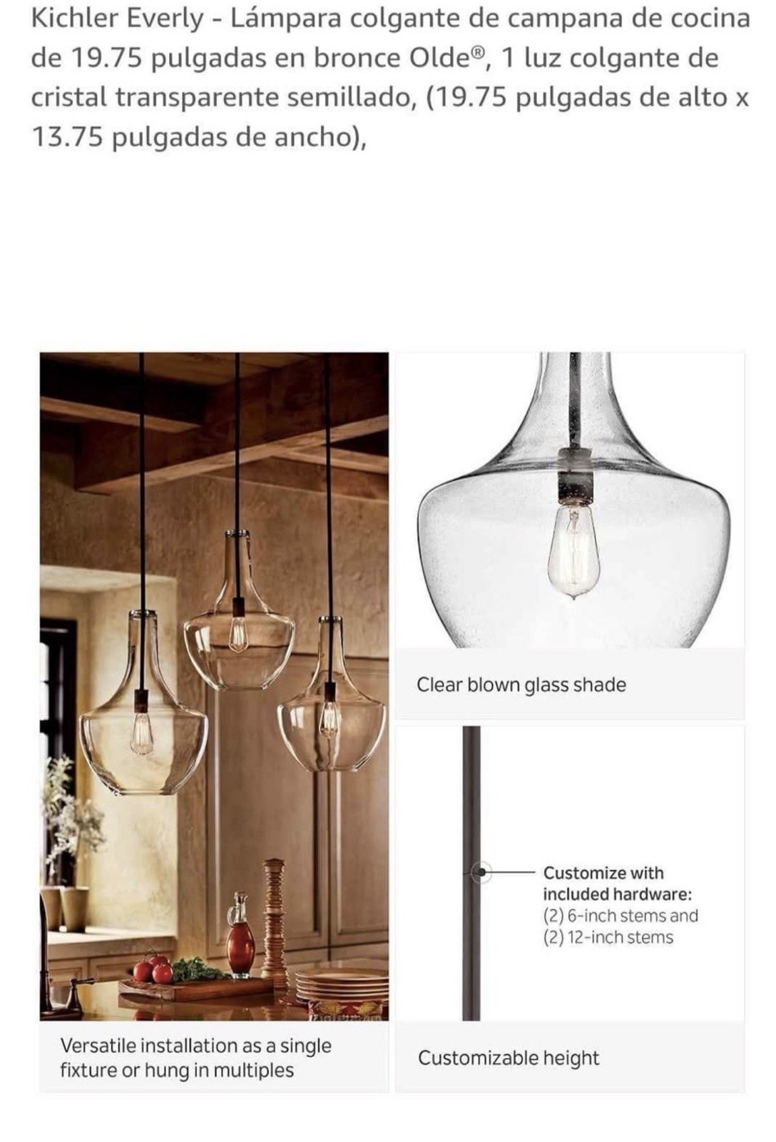 Kichler Everly 42046OZ Pendant Light Olde Bronze Clear Glass Bottle Shade