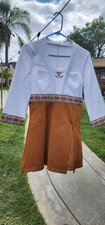 White Brown Embroidered V-Neck 3/4 Sleeve Short Sundress Wrap Dress M